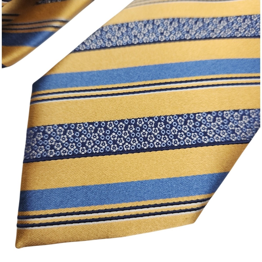 Ermenegildo Zegna Tie Gold Blue Striped Silk Floral Made in Italy Luxury 3"